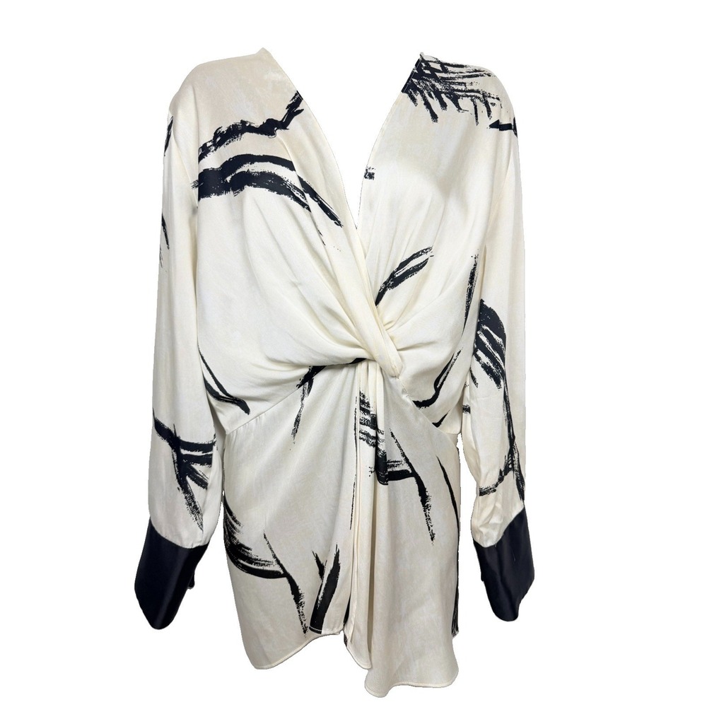 Zara XL Abstract Brushstroke Satin Twist Front Mini Dress Cream Black NWT Spain